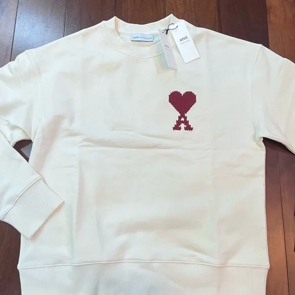 NWT Authentic Ami Paris Ami De Coeur embroidered-heart sweatshirt in beige - Picture 5 of 9